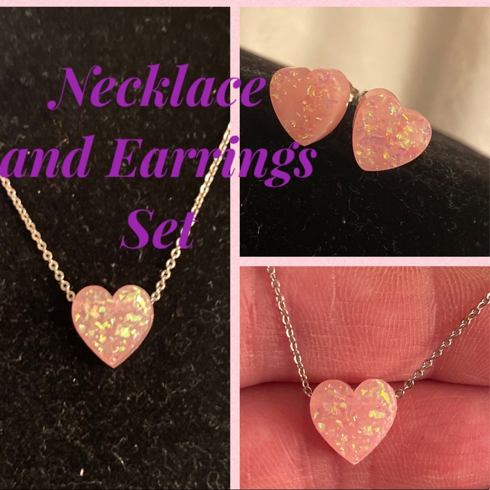 SILVERTONE PINK ACRYLIC HEART NECKLACE/EARRING SET